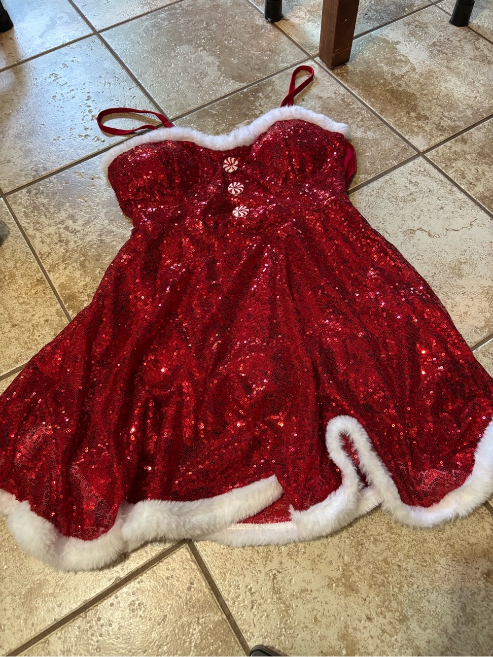 No Boundaries Red Sequin Holiday Dress with White Faux Fur Trim